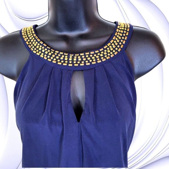 Shelby and Palmer navy blue gold accent Egyptian collar jumpsuit - Picture 2 of 5